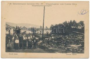 Zboró, Zborov; romos utcakép és leégett épületek a csaták után. 28. Sárosvármegyei harcterek 1914-15. / Kriegschauplatz vom Comitat Sáros. D.K.F.E. / WWI street view after the battles, demolished buildings, ruins (gyűrődés / crease)
