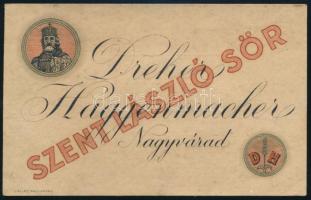 "Dreher Haggencmacher Nagyvárad, Szent László Sör", Nagyvárad, "Pallas", sörcímke, a hátoldalán későbbi bejegyzéssel, 8x12 cm