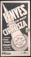 cca 1937 Fényes Fővárosi Nagy Cirkuszának műsorfüzete, címlapon Pólya Tibor grafikája
