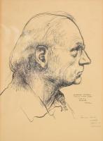 László Gyula (1910-1998): Önarckép tükörben, 1977. Tus, toll, papír, jelezve jobbra lent, László Gyula autográf ajándékozási soraival, üvegezett fakeretben, 31×22,5 cm