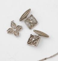 Filigrán ezüst (Ag) mandzsetta, medál + 2 db sérült lánc. össz 20,5 g