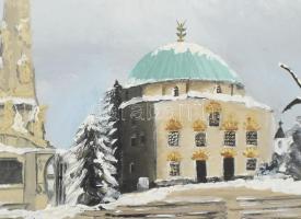 Jelzés nélkül: Pécs, Széchenyi tér télen. Olaj, karton, dekoratív fakeretben, 19×31,5 cm
