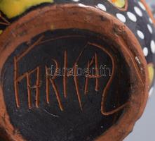 Farkas jelzéssel: Kakasos váza. Kézzel festett, mázas kerámia, jelzett, hibátlan 17 cm