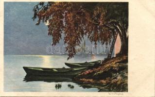 Romantikus tó, csónak, este, Romantic lake, boat, night