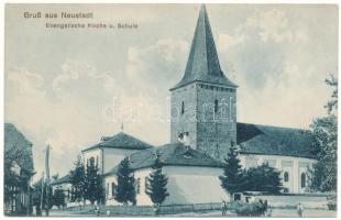 1916 Újváros, Neustadt bei Agnetheln, Noistat (Jakabfalva, Iacobeni); Evangélikus erődtemplom és iskola. Photogr. F. Theil / Evangelische Kirche u. Schule / Lutheran castle church and school (fl)