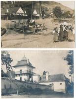 1916 Mikeszásza, Fägendorf, Feigendorf, Micasasa; 2 db fotós képeslap: 1: helyi lakosok a kútnál, gémeskút, népviselet, 2: evangélikus plébánia / 2 pre-1945 photo postcards of Micasasa: local people by the shadoof, Lutheran parish