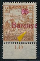 Baranya I. 1919 Arató 2f elcsúszott felülnyomattal, Bodor vizsgálójellel