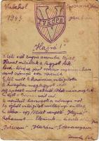 1943 Tábori postai levelezőlap, hátoldalán saját kezű rajzzal és verssel, Veszprémbe küldve: "Valahol Oroszországban, Hajrá!" / WWII Hungarian military field postcard, with hand drawing and poem s: Damweber Ferenc (b)