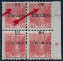 Baranya I. 1919 Károly 10f négyestömb fordított felülnyomattal, két antikva "1"-es számmal, Bodor vizsgálójellel