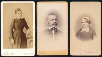 cca 1870-85 Hölgyek és férfi portréja, 3 db keményhátú fotó Doctor és Kozmata pesti, Kozmata és Társa pesti valamint Kozmata Ferenc budapesti műterméből, egyik alján nevesített (Wessely), 10,5x6 cm