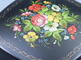 Orosz kézzel festett fém doboz Zsosztovo, 10x10 cm + fém tálka