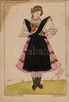 Hosszúhetény. Magyar folklór művészlap / Hungarian folklore art postcard. Copyright by Holló (Budapest, 1935) s: H. M. (szakadás / tear)