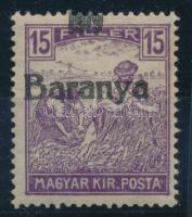 Baranya I. 1919 Arató 15f elcsúszott felülnyomattal, Bodor vizsgálójellel