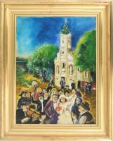 Gasztány Ludmilla (1952-): Esküvői menet. Olaj, farost, jelzett, hátoldalán autográf felirattal, dekoratív fakeretben, 30×40 cm