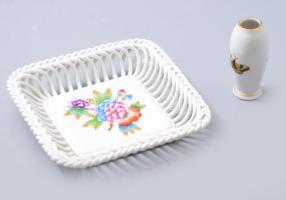 2 db Herendi Eton mintás fonott tálka, kézzel festett, jelzett, hibátlan 14x14 cm + kis váza 6,5 cm