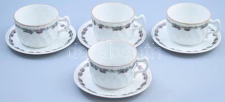 4 db Zsolnay fajansz teás csésze és alj. Matricás, jelzett, kis kopásokkal