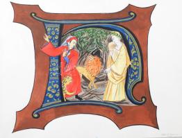 Olbert Mariann (1973-): Dante Pokol I. ének (Illusztráció). Akvarell, tus, papír, jelezve jobbra lent, hátoldalán autográf felirattal. Megjelent: Dante Alighieri: Komédia I. Pokol. Kommentár. Szerk: Kelemen János. Bp., 2019, ELTE Eötvös Kiadó. Borító hátoldala. 30x40 cm