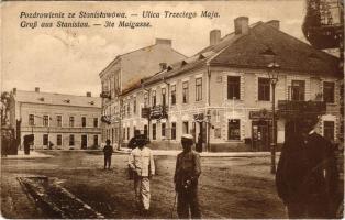 1917 Ivano-Frankivsk, Stanislawów, Stanislau; Ulica Trzeciego Maja / 3te Maigasse / street view, shops. Verlag Filipp Schwarz + "K.u.K. ZENSURSTELLE STANISLAU" (Rb)