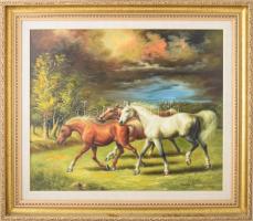 Finta László (1944-): Vihar előtt (lovak). Olaj, vászon, jelzett. Dekoratív fakeretben, 50×60 cm