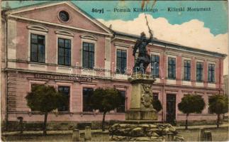 1916 Stryi, Stryj, Strij; Pomnik Kilinskiego, Szkola wydzialowa meska / Kilinski Monument / monument, boys' school. Verlag Schönfeld + "K.u.K. Militärzensur STRYJ" (pinholes)