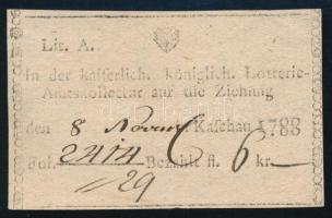 Kassa 1788. nyugta a Császári és Királyi Lottóhivatalban a sorsolásra befizetett 6, krajcárról.