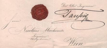 1882 Igazolás a Duna Szabályozó Társaság viaszpecsétjével Markovits Miklós mérnök munkájáról 50kr il...