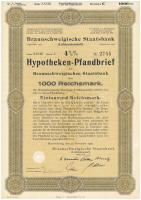 Német Harmadik Birodalom / Braunschweig 1936. "Braunschweig-i Állami Bank" 4 1/2%-os kölcsönkötvénye 1000M-ról, szárazpecséttel, lyukasztással érvénytelenítve T:I-  German Third Reich / Braunschweig 1936. "Braunschweigische Staatsbank" 4 1/2% interest bond about 1000 Mark with embossed stamp, invalidated with holes C:AU