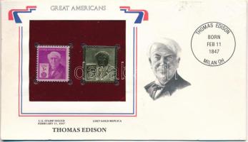 Amerikai Egyesült Államok 1947. "Great Americans - Thomas Edison bélyeg + 22K aranyfóliás bélyeg replika borítékban, angol nyelvű tájékoztatóval T:AU USA 1947. "Great Americans - Thomas Edison stamp + 22K gold foil stamp replica in envelope with English description C:AU