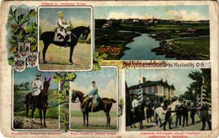 Myslowice, Myslowitz (Ober-Schlesien); Dreikaiserreichsecke bei Myslowitz. Wilhelm II, Deutscher Kaiser, Nicolaus II, Kaiser von Russland, Franz Joseph I. Oesterr Kaiser. Abgefasste Schmuggler an der russischen Zollkammer / Three Emperors' Corner, borders of the Russian Empire (Tsar Nicholas), Austria-Hungary (Franz Joseph I of Austria) and the German Empire (Wilhelm II), smugglers arrested at the Russian customs chamber. Art Nouveau, floral with coats of arms. Verlag M. Rölle's Nachfg. Otto Berger (EM)