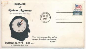 Amerikai Egyesült Államok 1973. 1c "óraszámlap" hátuljára ragasztva: "Az Egyesült Államok alelnöke - Spiro Agnew - lemondása, 1973. október 10. 14:05" felbélyegzett borítékban T:VF USA 1973. 1 Cent glued to the back of the clock face: "Resignation of Spiro Agnew Vice President of the United States - October 10, 1973 - 2:05 p.m." in envelope with stamp C:VF