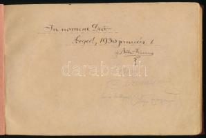 1930-1936 Szeged, ifj. Billa (?) János kézzel írt kottafüzete, 100 beírt oldal, közte egyházi ének, szerelmes dalok, csárdások, stb. Sérült félvászon-kötésben.
