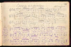 1930-1936 Szeged, ifj. Billa (?) János kézzel írt kottafüzete, 100 beírt oldal, közte egyházi ének, ...