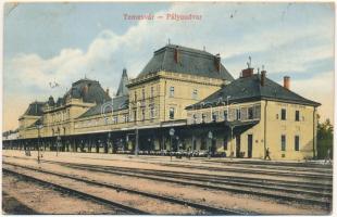 1913 Temesvár, Timisoara; pályaudvar, vasútállomás. MÁV levelezőlapárusítás 29. / railway station (ázott / wet damage)