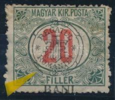 Kolozsvár 1919 Portó 20f elcsúszott felülnyomattal és lemezhibával, Bodor vizsgálójellel (gumihiba és foghiba / gum disturbance, perf. faults)