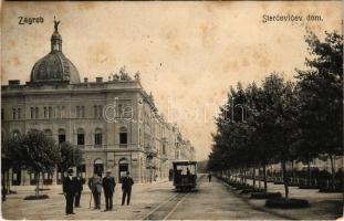 1907 Zagreb, Zágráb; Starcicev dom / street view, palace, tram (fl)