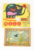 A Kis Mester - Mágneses rajzoló, kifestő, kivágó. Mágnestábla hozzá rögzíthető műanyag sablonokkal (6 db), eredeti dobozában, kissé sérült + Mese-kifestő füzet, kiszínezve