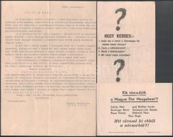 cca 1940-1944 3 db II. világháborús politikai, propaganda röplap: ,,Tiszta a lelkiismereted? ..." magyar nyelvű szövetséges röplap, kétoldalas + ,,Kik támadják a Magyar Élet Mozgalmat?!" + ,,Ütött az óra! Békét, szabadságot!", a Békepárt röpirata. Vegyes állapotban.