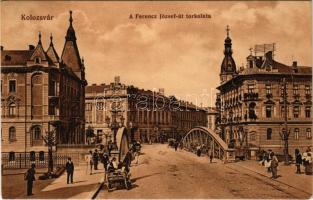 1915 Kolozsvár, Cluj; Ferenc József út torkolata, híd, Fonciere Biztosító Intézet, Fesztinger Dávid üzlete. Stief Jenő és Társa kiadása / street, bridge, insurace company, shops