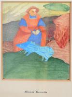 Bikácsi Daniela (1943-): Asszony kék disznóval Akvarell, papír, jelzett, üvegezett keretben 17x13 cm,