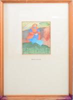 Bikácsi Daniela (1943-): Asszony kék disznóval Akvarell, papír, jelzett, üvegezett keretben 17x13 cm...