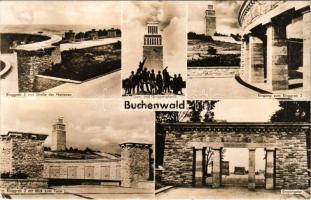 1963 Weimar, Buchenwald, Nationale Mahn- und Gedenkstätte. Ringgrab 3 und Straße der Nationen, Turm und Gruppenplastik, Ringgrab 2 mit Blick zum Turm, Eingangstor. Foto Deutsche Fotothek / Buchenwald concentration camp, Holocaust memorial (fa)