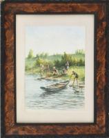 Barabás Reismann Gizella (1893-1985): Horgászó társaság a vízparton. Akvarell, papír, jelzett. Üvegezett, dekoratív, kissé sérült fakeretben. 25x18 cm
