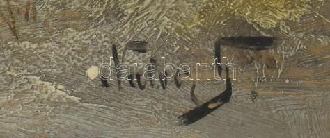 Olvashatatlan jelzéssel, XIX. sz. vége/XX. sz. eleje: Vadász a hóban. Olaj, karton. Apró felületi sé...