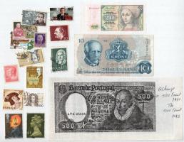 17db-os vegyes bankjegy, replika, reklámpénz és bélyeg tétel, közte Norvégia 1981. 10K T:vegyes