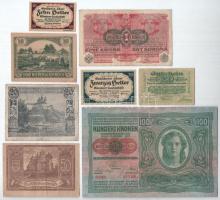 Vegyes: 1912. 100K + 1916. 100K, mindkettő piros "DEUTSCHÖSTERREICH" felülbélyegzéssel + Ausztria 1920. 6xklf szükségpénz T:F