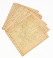 A világrészek térképei (Európa, Ázsia, Afrika, Észak-Amerika, Dél-Amerika, Ausztrália és Óceánia), 6 db régi térkép kartontáblán, helyenként apró lyukakkal, kisebb foltokkal, 27x30,5 cm