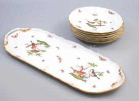 Herendi Rotschild mintás süteményes készlet, tál + 6 db tányér, Kézzel festett, jelzett, minimális kopással. Tál 45 cm