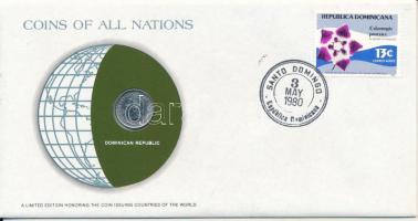 Dominikai Köztársaság 1975. 10c Cu-Ni "Nemzetek pénzérméi" felbélyegzett borítékban, bélye...