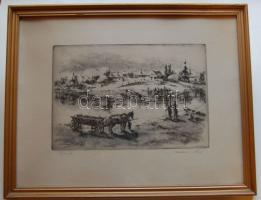 1959 Kórusz József (1927-): Révnél, rézkarc, jelzett, keretben 47x37 cm