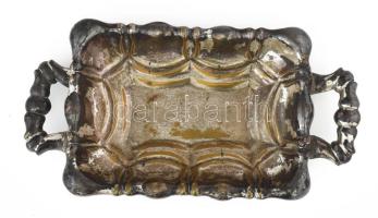 Ezüstözött réz kétfüles kínáló, kopott, 35x19 cm